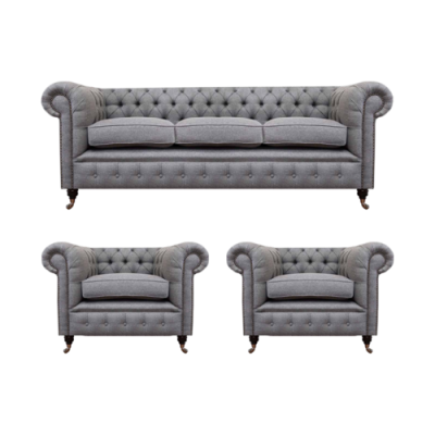 Gray Chesterfield Luxury Furniture Living Room Set 3-piece Sofas Textile Armchair