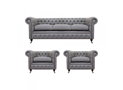 Gray Chesterfield Luxury Furniture Living Room Set 3-piece Sofas Textile Armchair