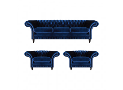Blue luxury sofa set complete 3-piece furniture textile fabric Chesterfield