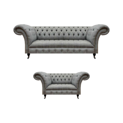 Chesterfield Gray Complete Living Room Three-Seater Sofa Luxury Armchair New
