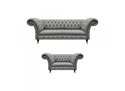Chesterfield Gray Complete Living Room Three-Seater Sofa Luxury Armchair New