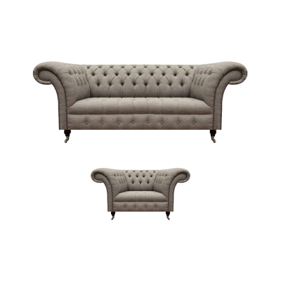 Complete living room sofa set, three-seater textile armchair Chesterfield sofa.