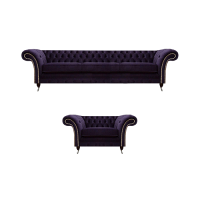 Complete Set 2-piece Three-seater Sofa Chesterfield Purple Armchair Living Room New