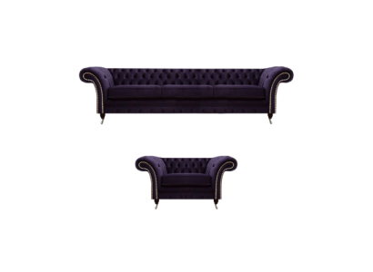 Complete Set 2-piece Three-seater Sofa Chesterfield Purple Armchair Living Room New