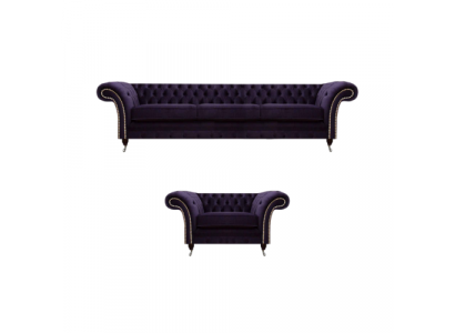 Complete Set 2-piece Three-seater Sofa Chesterfield Purple Armchair Living Room New