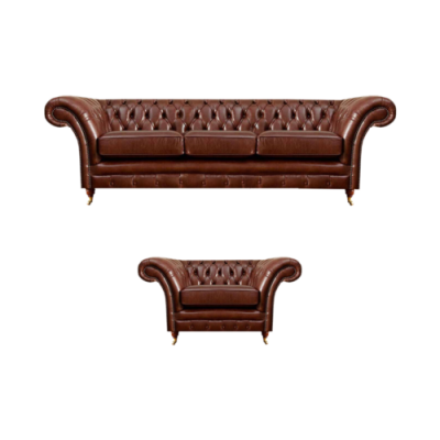 Brown Set 2-piece Three-seater Sofa Leather Armchair Chesterfield Living Room