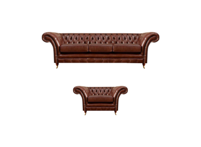 Brown Set 2-piece Three-seater Sofa Leather Armchair Chesterfield Living Room