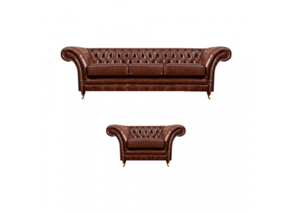 Brown Set 2-piece Three-seater Sofa Leather Armchair Chesterfield Living Room