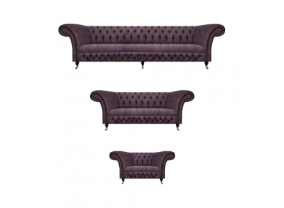 Luxury Purple Sofa Set Living Room Chesterfield Design 3-piece Textile Upholstery