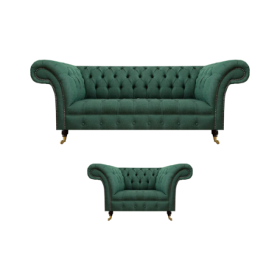 Luxury Living Room Complete Green Three-Seater Sofa Chesterfield Armchair New Set