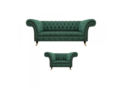 Luxury Living Room Complete Green Three-Seater Sofa Chesterfield Armchair New Set