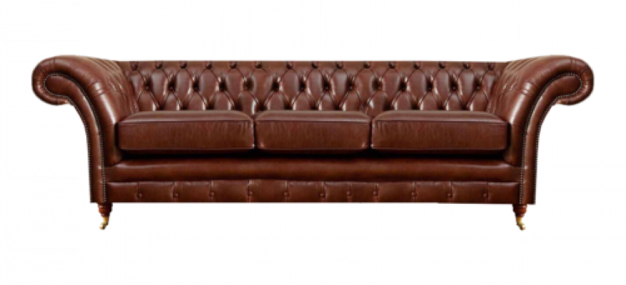 Three-seater sofa, Chesterfield style upholstery furniture, leather upholstered seat.