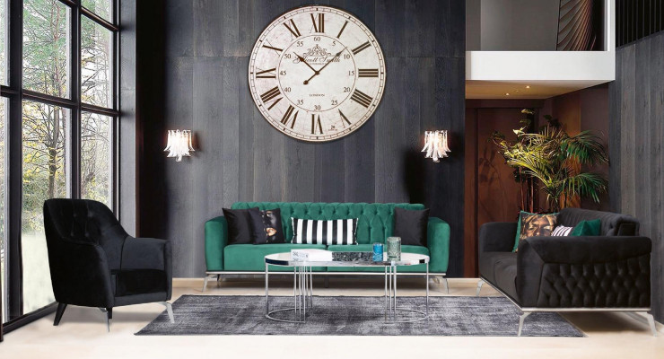 Modern living room set: 2 soft Chesterfield sofas + modern black armchair