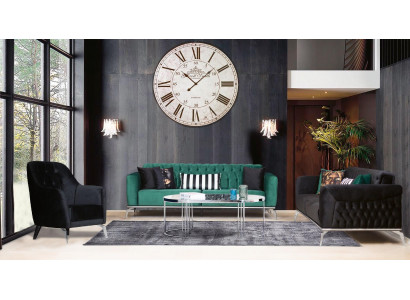 Modern living room set: 2 soft Chesterfield sofas + modern black armchair