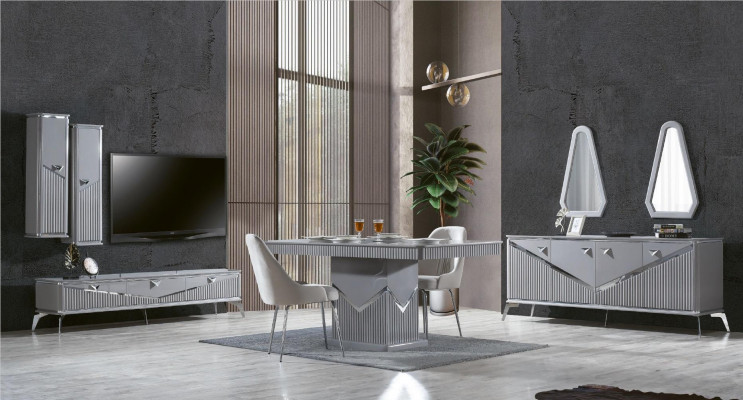 Gray Modern Dining Room Set 4x Chair Mirror Sideboard Shelf 9-piece