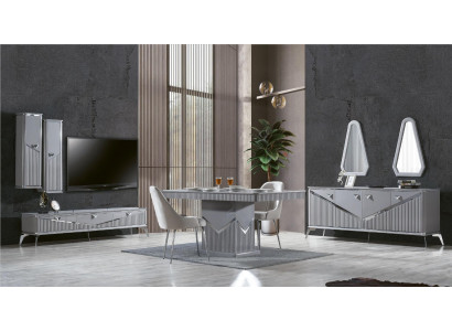 Gray Modern Dining Room Set 4x Chair Mirror Sideboard Shelf 9-piece
