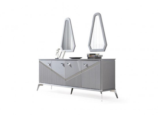 Gray Modern Dining Room Set 4x Chair Mirror Sideboard Shelf 9-piece