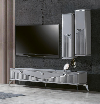 Gray Modern Dining Room Set 4x Chair Mirror Sideboard Shelf 9-piece