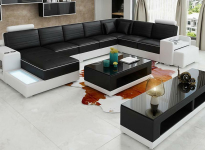 U-shaped sectional sofa, sideboard, coffee table, couch design, black, upholstery, leather, modern