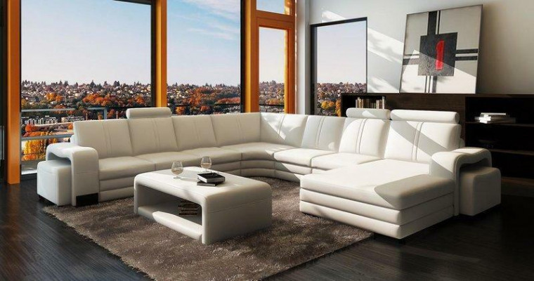 U-shaped sectional sofa + 2x ottomans + coffee table couch design gray upholstered leather