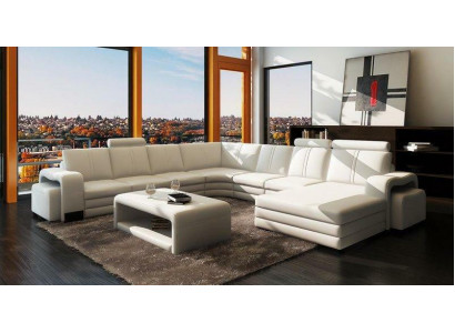 U-shaped sectional sofa + 2x ottomans + coffee table couch design gray upholstered leather