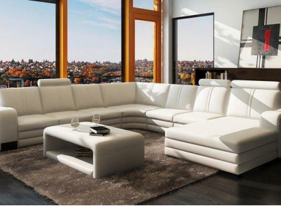 U-shaped sectional sofa + 2x ottomans + coffee table couch design gray upholstered leather