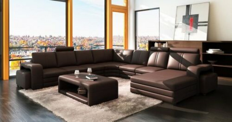 U-shaped sectional sofa + 2x ottomans + coffee table couch design gray upholstered leather