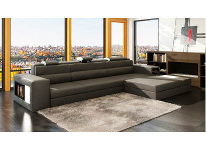 Sectional leather sofa, living area, L-shaped sofa, decorative couch, upholstered seating corner.