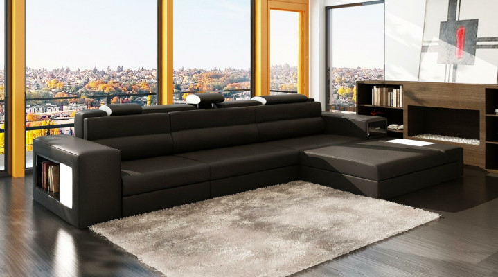 Sectional leather sofa, living area, L-shaped sofa, decorative couch, upholstered seating corner.