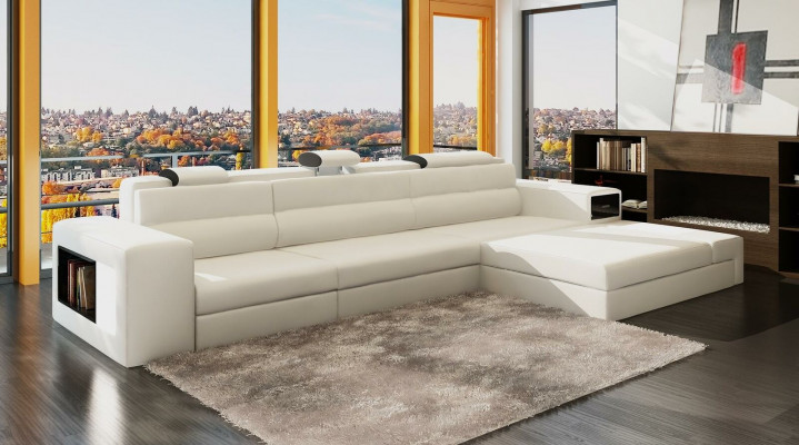 Sectional leather sofa, living area, L-shaped sofa, decorative couch, upholstered seating corner.