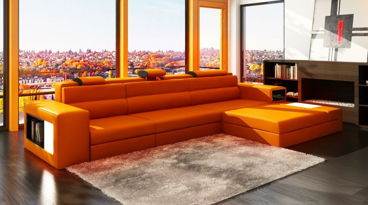 Sectional leather sofa, living area, L-shaped sofa, decorative couch, upholstered seating corner.