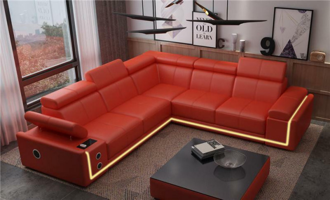 Illuminated leather corner sofa couch L shape sound LED speakers modern
