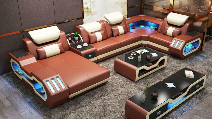 Living room landscape U-shaped corner sofa + coffee table + sideboard design