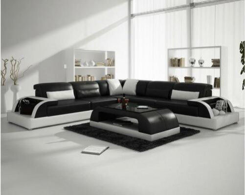 Sectional sofa L-shape + coffee table sofa couch design gray upholstery leather