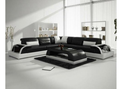 Sectional sofa L-shape + coffee table sofa couch design gray upholstery leather