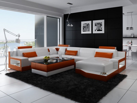 Corner sofa, sofa living landscape U-shape upholstered couch leather sofa white