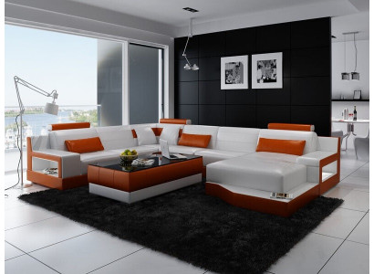 Corner sofa, sofa living landscape U-shape upholstered couch leather sofa white