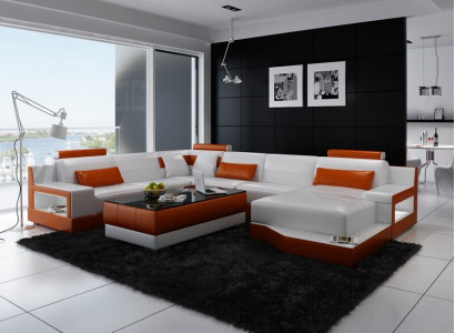 Corner sofa, sofa living landscape U-shape upholstered couch leather sofa white