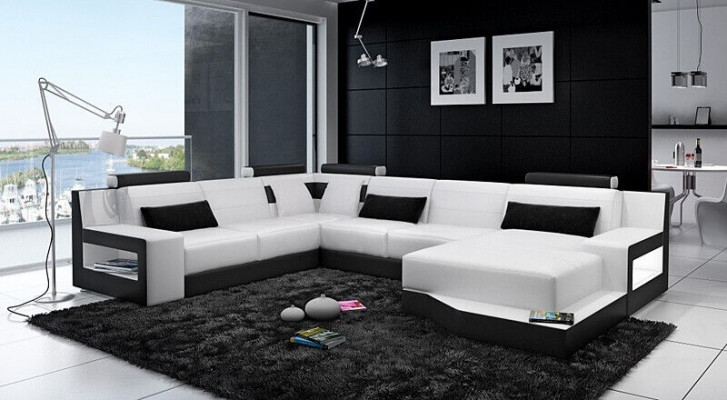 Corner sofa, sofa living landscape U-shape upholstered couch leather sofa white