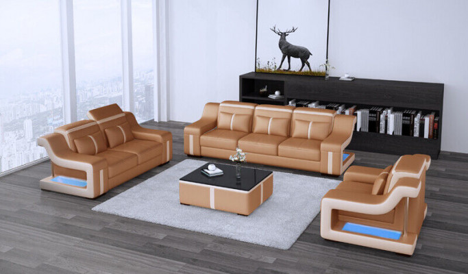 Sofa Set Upholstered Couch Sofa 322 Complete Set Design Leather 3-piece.