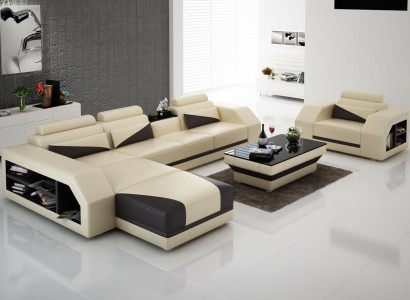 Leather sofa living area corner sofa L-shape with armchair set modern suite
