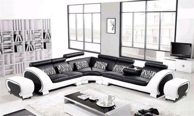 L-shaped sectional sofa 2x stool sofa couch design gray upholstery leather modern