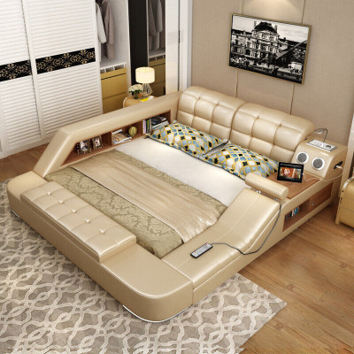 Bed Multifunction Shelf Wardrobe USB Charging Station Decoration Double Leather Beds