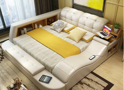 Luxury functional bed with safe, laptop tray, double marriage beds, XXL hotel leather