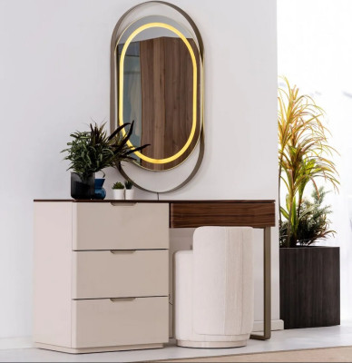 Luxury Beige Vanity Table Oval Mirror Drawers Designer Dressing Table