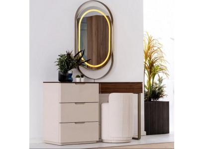 Luxury Beige Vanity Table Oval Mirror Drawers Designer Dressing Table