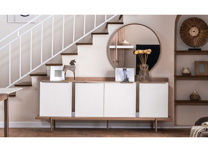 Stylish White Brown Sideboard Round Mirror Designer Wooden Furniture Dining Room