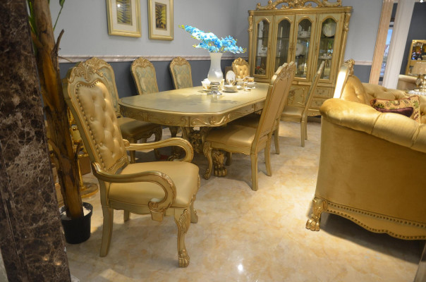 Royal dining table with 6 chairs complete decor dining room set, 7 pieces.