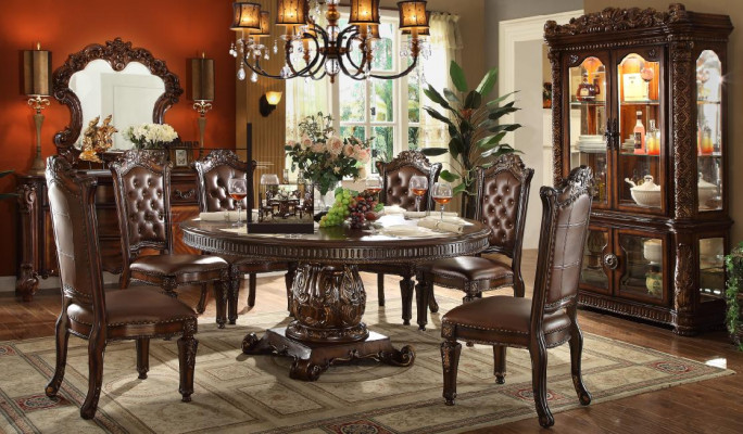 Brown Classic Baroque Dining Set Round Table 6x Leather Chesterfield Chairs
