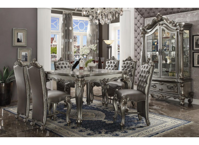 Classic Gray Dining Room Ambiance Designer Square Dining Table Leather Chesterfield Chairs 7-piece set